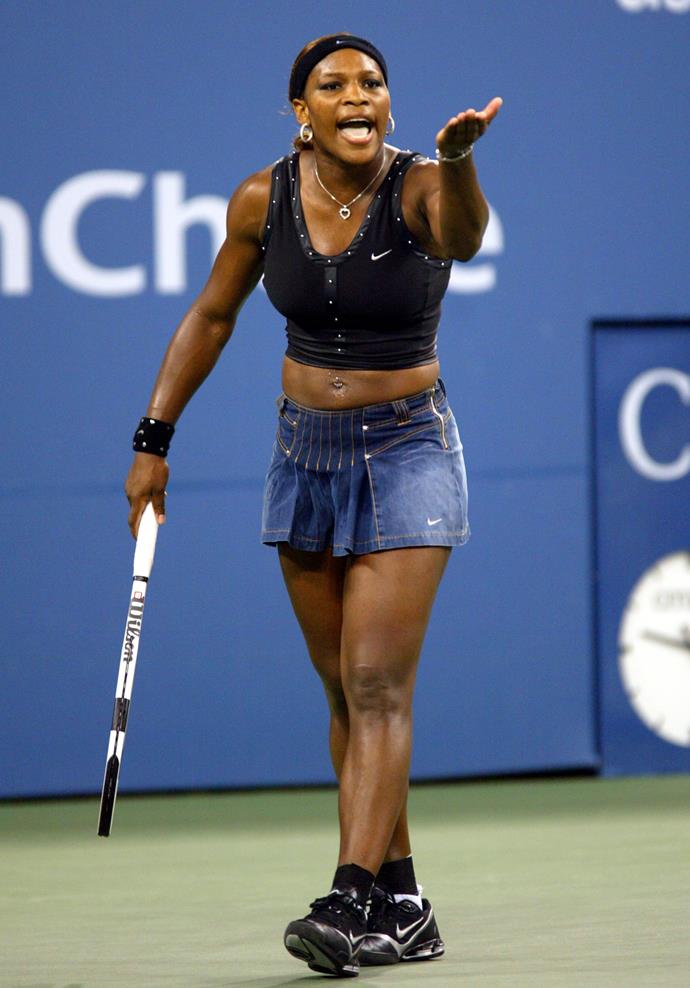 **Serena Williams, US Open 2004**
<br><br>
A denim mini skirt and crop top is a daring choice in any circumstance, but this tennis legend embraced the look in all its glory. Power to you, Serena.