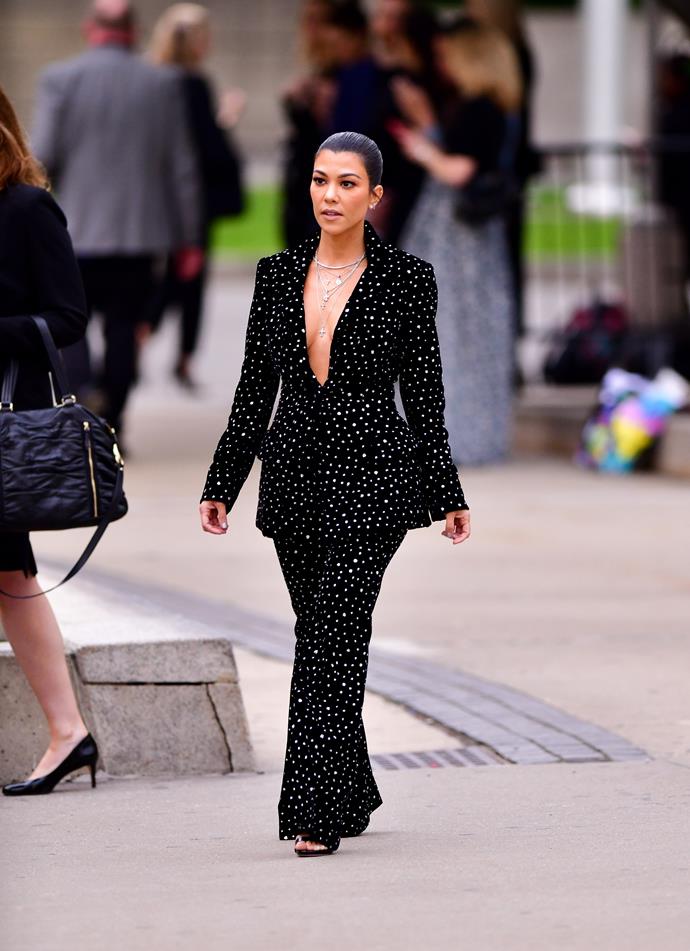**Kourtney Kardashian**
<br><br>
Another Kardashian who can rock a pantsuit like no other. Kourtney is known for her flawless mum-style. 