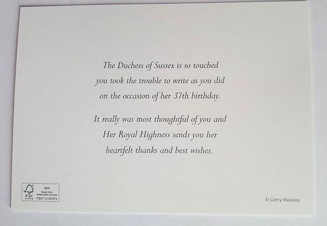 Birthday well-wishers received a personalised card from Duchess Meghan. *Image: Instagram/ [@loopycrown3](https://www.instagram.com/p/BnlG6oFB97d/?taken-by=loopycrown3|target="_blank"|rel="nofollow")*
