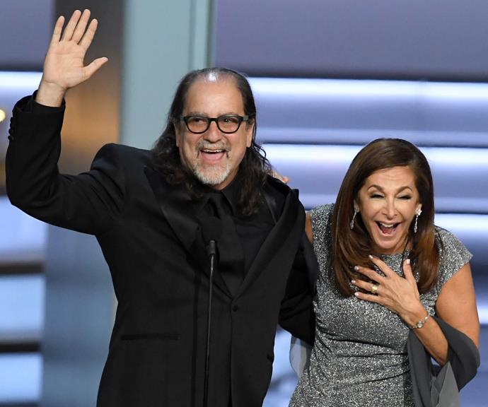 Glenn Weiss and his now-fiancee, after proposing to her on the Emmy's stage.