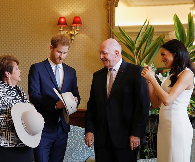 Harry and Meghan were given Australian-themed gifts from the Honourable Sir Peter Cosgrove and his wife, Lady Cosgrove. *(Image: Getty Images)*