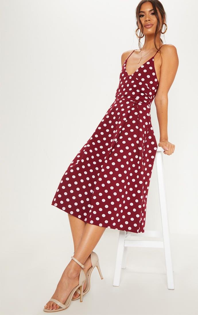 Burgundy Polka Dot Strappy Plunge Skater Midi Dress, $58, available from [Pretty Little Thing](https://www.prettylittlething.com.au/burgundy-polka-dot-strappy-plunge-skater-midi-dress.html|target="_blank"|rel="nofollow").