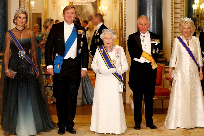King Willem-Alexander, Queen Maxima, Queen Elizabeth II, Prince Charles and Camilla, Duchess of Cornwall pose for a group shot.