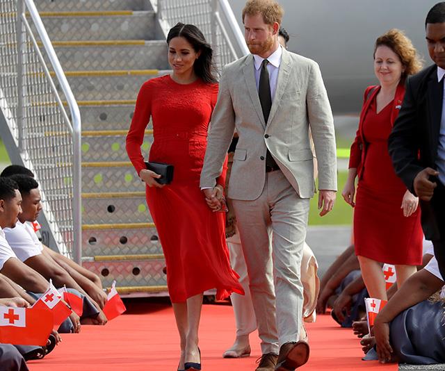 The Duchesses dress colour was a fitting tribute to Tonga and its bold red flag! *(Image: AAP)*