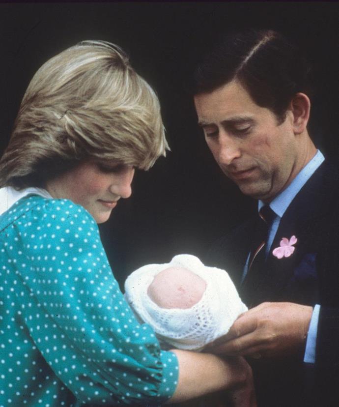 **A future King is born:** Prince William makes his grand debut on the 21st of June, 1982. "He has the good fortune not to look like me!" Charles joked at the time. *(Image: Getty)*