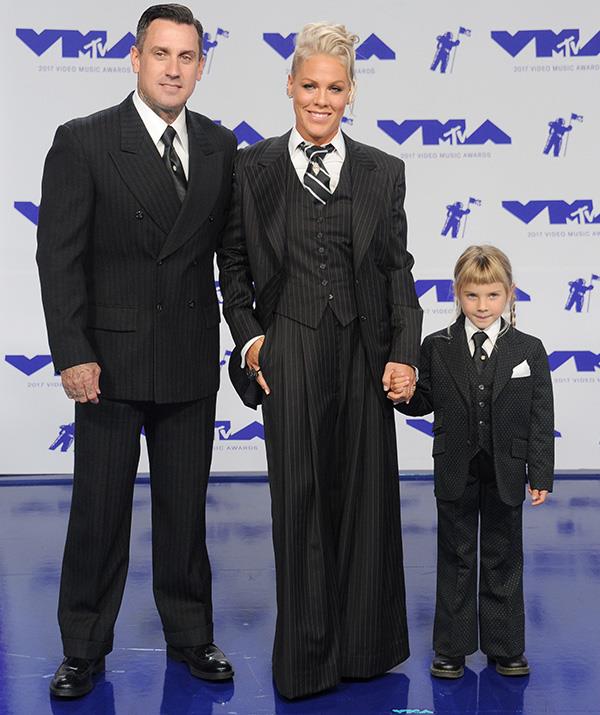 Pink has been known to take things to the next level [when it comes to parenting](https://www.nowtolove.com.au/parenting/celebrity-families/pink-husband-carey-hart-children-51051|target="_blank") (seriously, can she *be* a cooler mum!?), and she outdid herself by matching with her adorable daughter Willow *and* her husband Carey for the VMA red carpet! *(Image: Getty Images)*