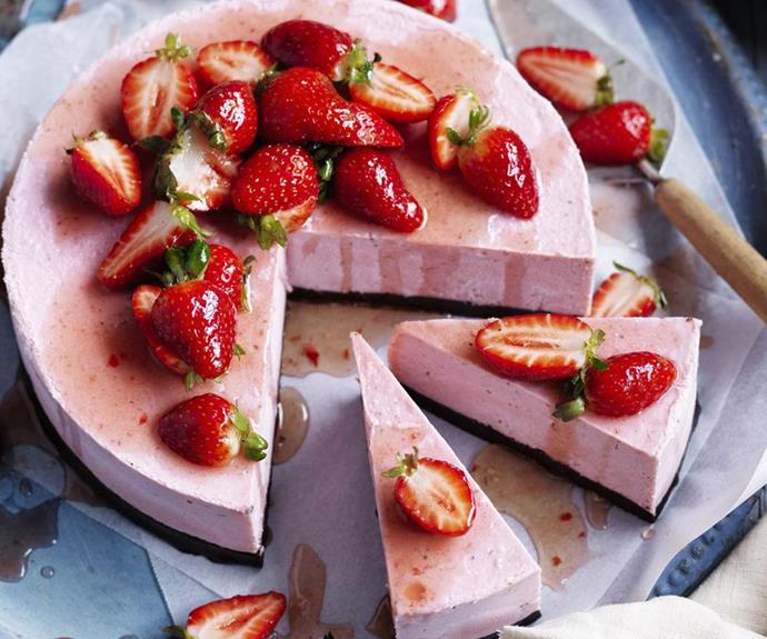 Vegan brownie and strawberry frozen cheesecake, recipe at our sister site [Women's Weekly Food](https://www.womensweeklyfood.com.au/recipes/vegan-brownie-and-strawberry-frozen-cheesecake-13814|target="_blank")