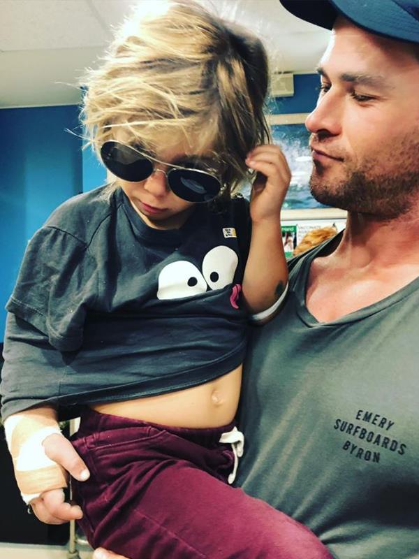 "Nobody tells you how much it hurts when your kids get hurt," Elsa [captioned this picture](https://www.nowtolove.com.au/parenting/celebrity-families/chris-hemsworth-child-hospital-52083|target="_blank") on Instagram, while adding the hashtags: #comingoutofhospital', #bravelikedaddy and #don'tlookatme.