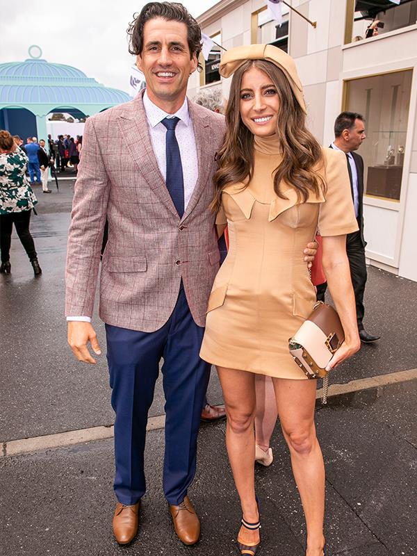 Talk about colour-coordinated! Andy Lee and girlfriend Rebecca Harding kept it neutral. *(Image: Media Mode)*
