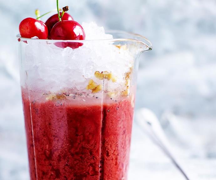 **Cherry and Walnut Smoothie**
<br><br>
This nutty, cherry-fied smoothie is the perfect blend of crushed ice and sweetness, perfect for a Summer's day.
<br><br>
Find the full *Australian Women's Weekly* recipe [HERE](https://www.womensweeklyfood.com.au/recipes/cherry-and-walnut-smoothie-29220|target="_blank")