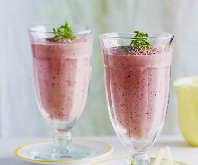 **Super-Seed Smoothie**
<br><br>
This blend of yoghurt, berries, banana and milk is the perfect breakfast smoothie.
<br><br>
Find the full *Australian Women's Weekly* recipe [HERE](https://www.womensweeklyfood.com.au/recipes/superseed-smoothie-3725|target="_blank")