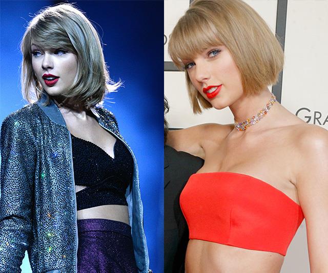 Only a year ago (L) Taylor Swift's silhouette was markedly different! These days (R), the star's subtle yet more pert cleavage has prompted a wave of speculation.