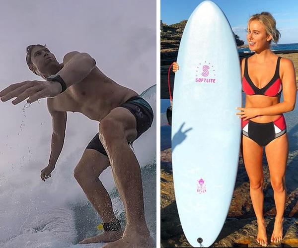 Both Chris and Liv are ocean lovers and keen surfers. *(Images L-R: Instagram @drchrisbrown/Instagram @livphyland)*