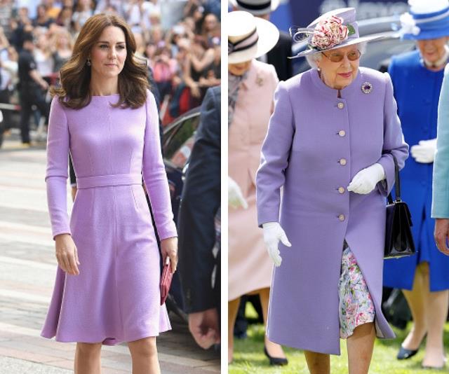 Purple people pleasers - Duchess Catherine and Her Majesty don matching purple ensembles. *(Source: Getty Images)*