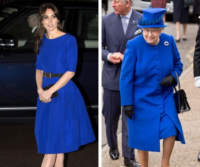Black and Blue or blue and black? Duchess Catherine and the Queen share their love of the bold colour! *(Source: Getty Images)*
