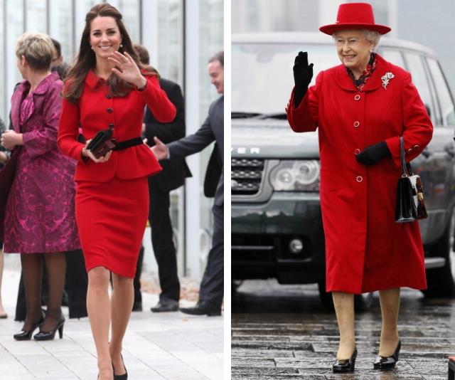 Duchess Catherine has perfected the Queen's wave, and pairing red with black! *(Source: Getty Images)*