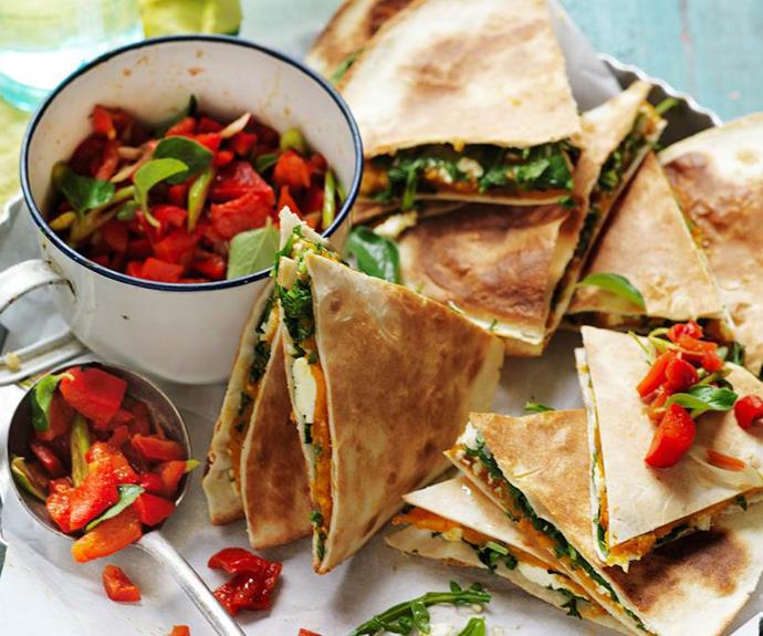 **Pumpkin, ricotta and rocket quesadillas**
<br><br>
These delicious vegetarian quesadillas are great for lunch or an afternoon snack. The kids (big and small) will enjoy them. And they're suitable for diabetics, too.
<br><br>
See the full *Australian Women's Weekly* recipe [here](https://www.womensweeklyfood.com.au/recipes/pumpkin-ricotta-and-rocket-quesadillas-29274|target="_blank").