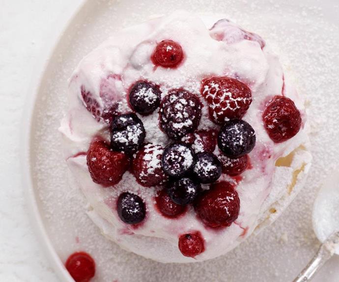 **Berry pavlova cheesecakes**
<br><br>
A berry cheesecake filling sits atop a crisp meringue nest in this impressive dessert.
<br><br>
See the full *Australian Women's Weekly* recipe [here.](https://www.womensweeklyfood.com.au/recipes/berry-pavlova-cheesecakes-10975|target="_blank") 