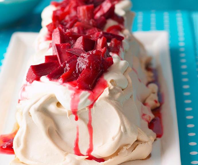 **Caramel pavlova with rhubarb**
<br><br>
Try this famous Australian dessert for yourself with a modern addition of sweet caramel and rhubarb.
<br><br>
See the full *Australian Women's Weekly* recipe [here.](https://www.womensweeklyfood.com.au/recipes/caramel-pavlova-with-rhubarb-27904|target="_blank") 
