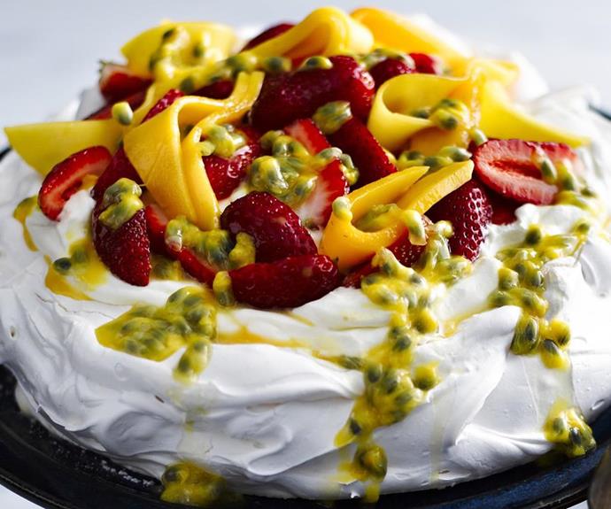 **Classic pavlova baked on a plate**
<br><br>
This marshmallow-textured pavlova is cooked directly on the platter it's served on, which eliminates the risk of breaking the fragile meringue when transferring it. Simply make sure the platter is plain, sturdy and ovenproof.
<br><br>
See the full *Australian Women's Weekly* recipe [here.](https://www.womensweeklyfood.com.au/recipes/classic-pavlova-baked-on-a-plate-12688|target="_blank") 
