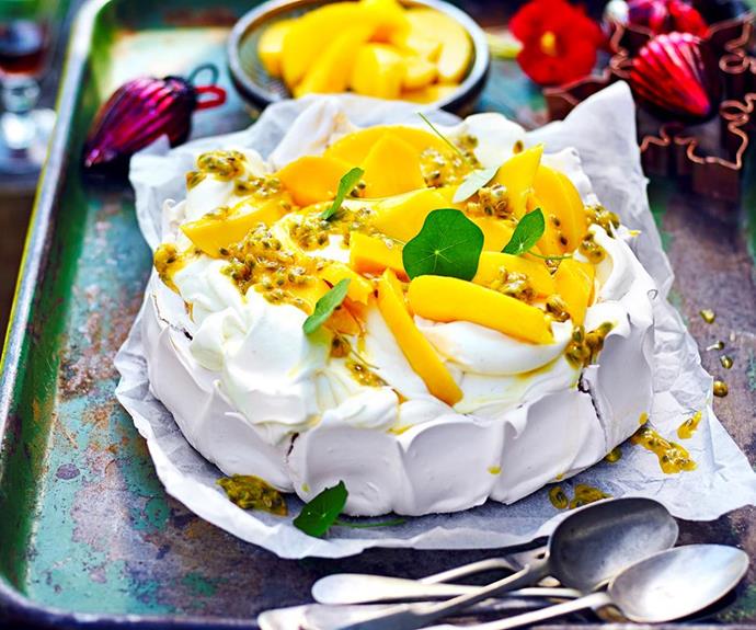 **Mango and passionfruit pavlova**
<br><br>
This iconic Australian dessert is made even more delicious with the addition of fresh tropical fruits. Whip up this gorgeous pavlova for a special occasion, birthday party or Christmas celebration.
<br><br>
See the full *Australian Women's Weekly* recipe [here.](https://www.womensweeklyfood.com.au/recipes/pavlova-recipe-with-mango-and-passionfruit-1629|target="_blank") 