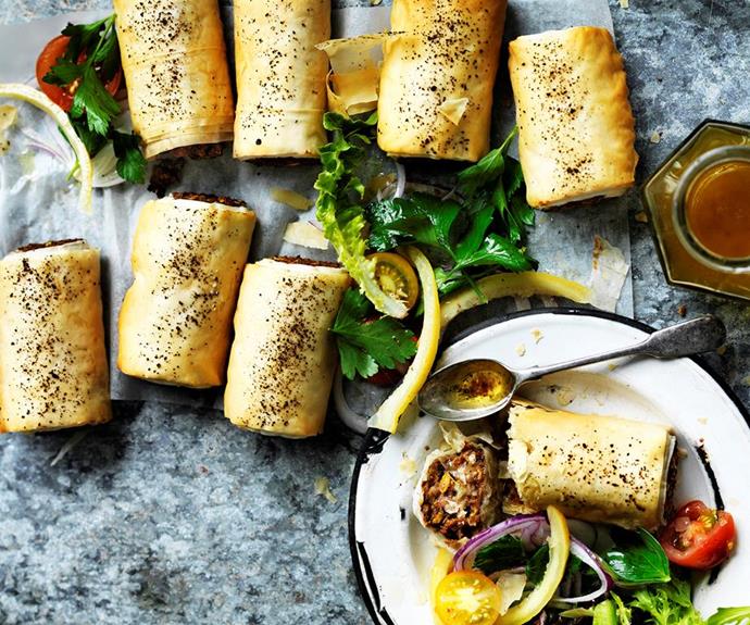 **Lentil sausage rolls with tomato sumac salad**
<br><br>
Reinvent a childhood favourite with these lentil sausage rolls with tomato sumac salad - tasty, wholesome and completely meat free!
<br><br>
See the full *Australian Women's Weekly* recipe [here.](https://www.womensweeklyfood.com.au/recipes/lentil-sausage-rolls-with-tomato-sumac-salad-29441|target="_blank") 