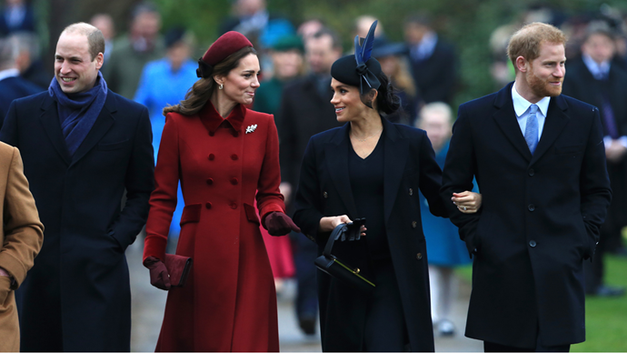 Prince William, Duchess Kate, Duchess Meghan and Prince Harry step out for Christmas Day at Sandringham. *(Source: Getty)*