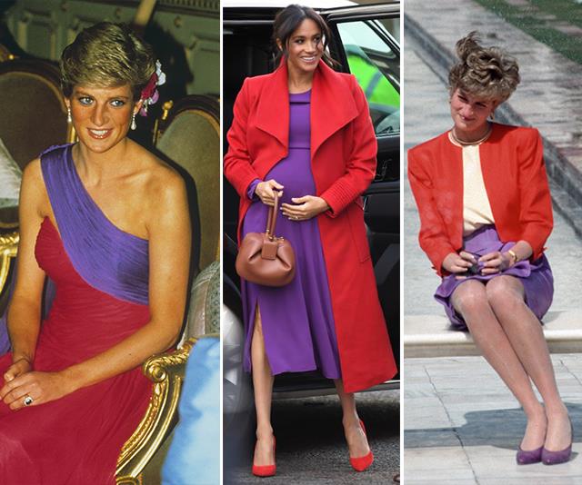 Like mother-in-law, like daughter-in-law. Duchess Meghan and Princess Diana both look incredible in red and purple. *(Images: Getty Images)*