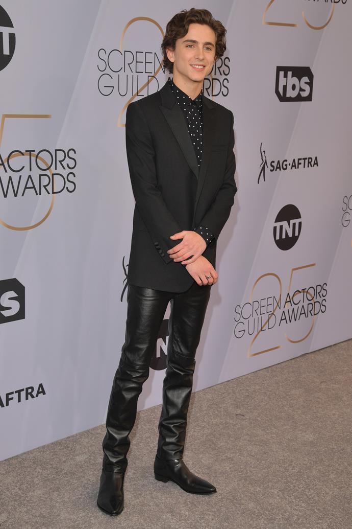 Thank you, Timothee Chalamet, for putting a youthful twist on a suit. How cool are his leather trousers?