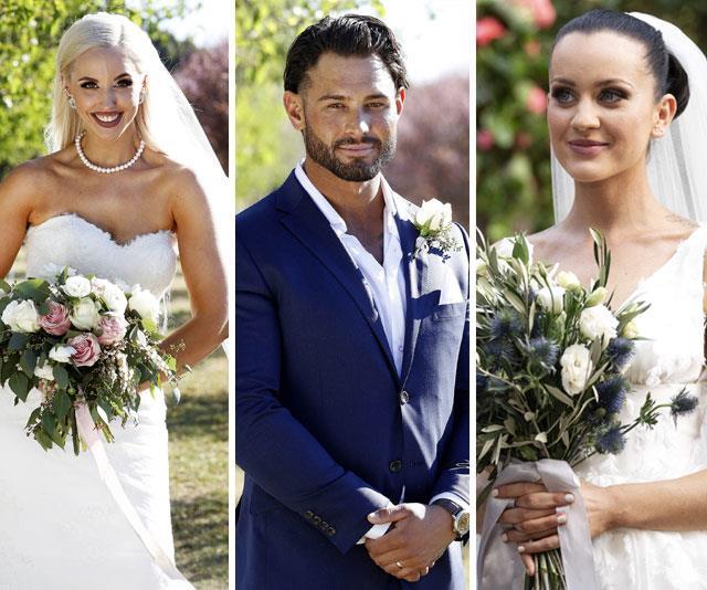 Introducing our 2019 *MAFS* love triangle: Sam is believed to cheat on Elizabeth with Ines. *(Images: Channel Nine)*