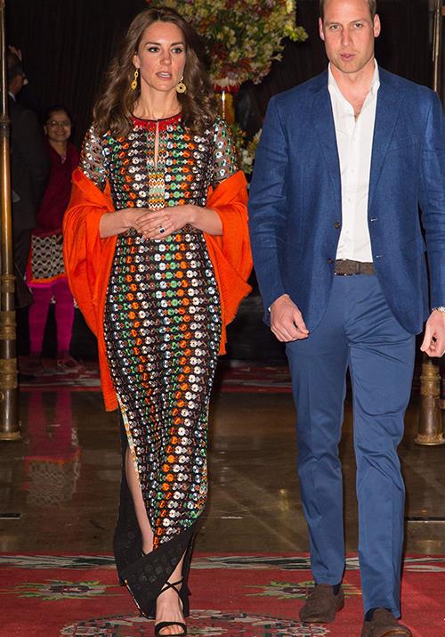 Opting for a bold palette, Duchess Catherine opted for a Tory Burch maxi dress while attending an evening soiree on her royal tour of Bhutan and India in 2016.