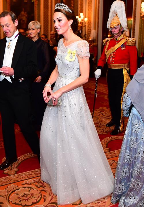 Once again, Kate's second tiara moment for 2018 at a [reception dinner at Buckingham Palace](https://www.nowtolove.com.au/royals/british-royal-family/duchess-catherine-princess-diana-tiara-52869|target="_blank") in 2018 had us transfixed. This time, she opted for a stunning Jenny Packham frock.