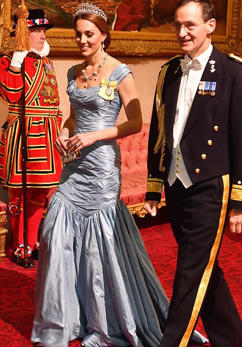 Attending a State Banquet in Buckingham Palace in 2018, we were treated to a highly-anticipated [tiara moment](https://www.nowtolove.com.au/royals/british-royal-family/kate-middleton-tiaras-43452|target="_blank") from the royal. Her divine fishtail gown by Alexander McQueen was also a showstopper.