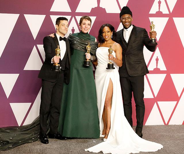 The class of 2019: Rami Malek (Best Actor in a Leading Role: *Bohemian Rhapsody*), Olivia Colman (Best Actress in a Leading Role: *The Favourite*), Regina King (Best Actress in a Supporting Role: *If Beale Street Could Talk*) and Mahershala Ali (Best Actor in a Supporting Role: *Green Book*) show off their Oscars. 