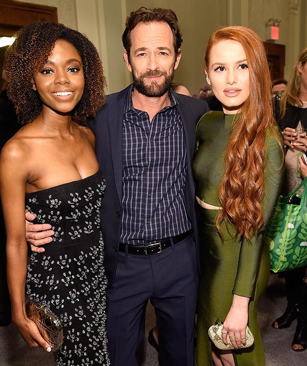 Perry would no doubt have been a mentor to his younger co-stars in the teen-drama. Here, he is pictured with *Riverdale's* Ashleigh Murray and Madelaine Petsch in 2018. *(Image: Getty)*