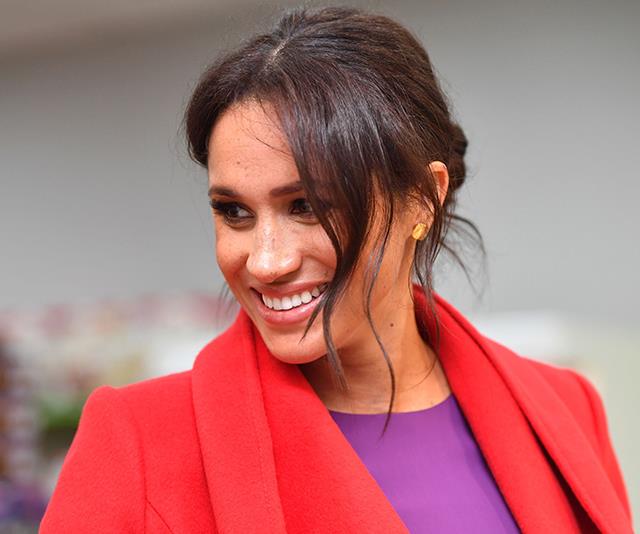 A pop of colour and a pop of tress! Earlier in January, Meghan opted for a looser style while on an [official visit to Birkenhead](https://www.nowtolove.com.au/parenting/celebrity-families/meghan-markle-prince-harry-due-date-53522|target="_blank").