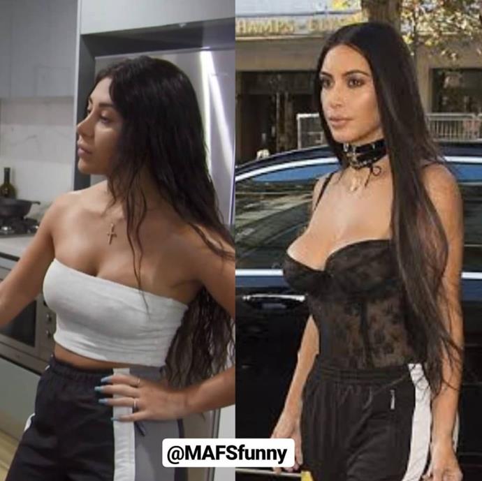 This fan account was quick to point out that Martha and Kim have the same style in trackpants paired with long loose tresses. *(Image: Instagram @mafsfunny)*
