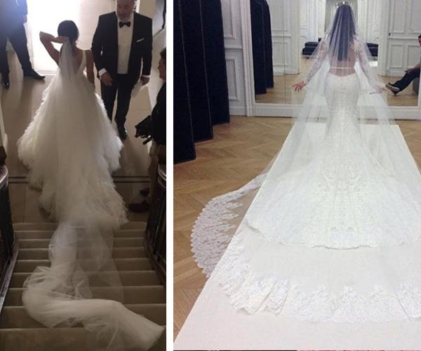 It may not have been as big a train as Kim's but both looked drop dead gorgeous in their wedding gowns. *(Images L-R Instagram @marthaa__k/@kimkardashian)*