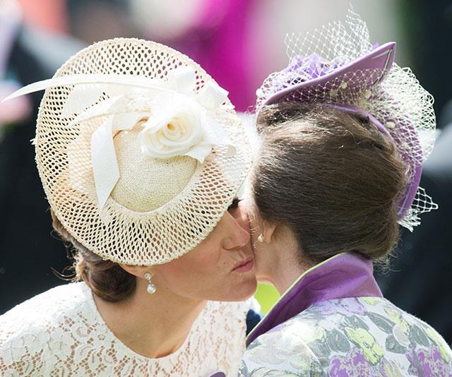 Kate greets Anne with a warm kiss at Royal Ascot in 2016.
