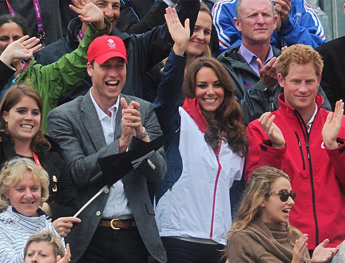 Proud family moment! Princess Eugenie, Prince William, Duchess Catherine and Prince Harry cheer on cousin Zara Phillips as she and Great Britain's equestrian team win a silver medal in the team Equestrian competition during the 2012 London Olympics.