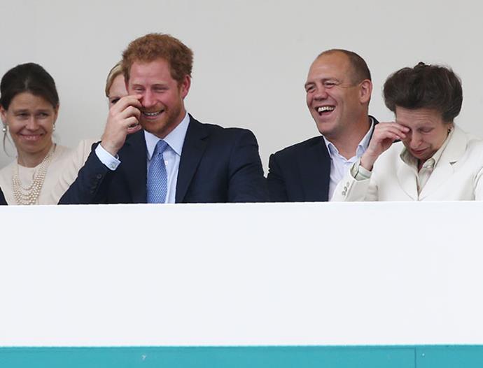 What's so funny? Lady Sara Chatto, Zara Tindall, Prince Harry, Mike Tindall and Princess Anne find themselves in stitches and we'd just love to know the joke.