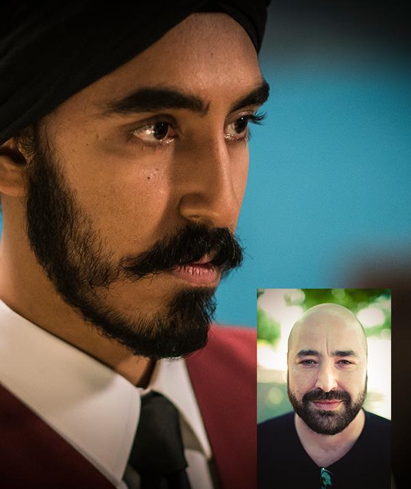 Dev Patel as Arjun in *Hotel Mumbai*; (inset) director Anthony Maras, clearly *not* giving a thumbs up. 