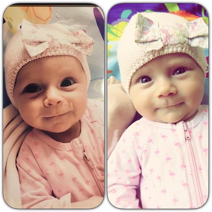 "Same same but so different." Carrie pointed out how similar Evie and Addie looked at three months with a split-screen of her two girls.