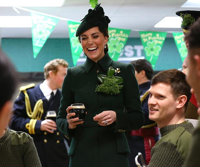 Along with her Lock and Co hat, Kate accessorised the coat with the very special golden shamrock brooch. Crafted by Cartier, the brooch is understood to have been presented to Princess Mary in 1961. It has since been worn by other royals including Princess Anne and the Queen Mother.