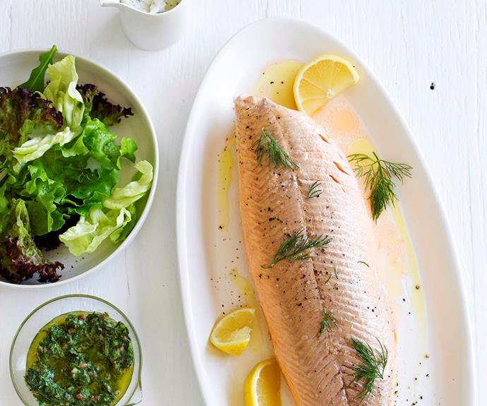 **Poached salmon**
<br><br>
This three kilogram fillet of salmon will be the hero of the table. It sounds intimidating, but it's actually super simple. And then your main is sorted!
<br><br>
See the full *Australian Women's Weekly* recipe [here](https://www.womensweeklyfood.com.au/recipes/poached-salmon-23783|target="_blank").