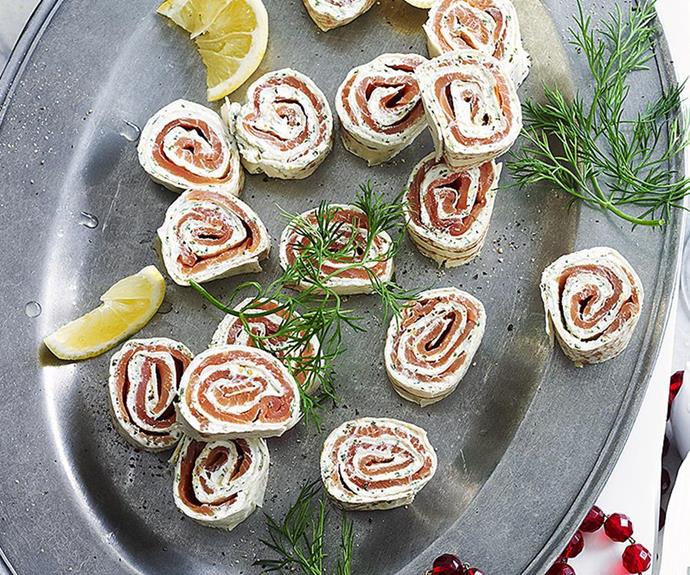 **Salmon pinwheels**
<br><br>
There is no better match than cream cheese and soft smoked salmon. With dill, mint, capers and lemon juice you'll find you just can't stop eating these refreshing pinwheels.
<br><br>
See the full *Australian Women's Weekly* recipe [here](https://www.womensweeklyfood.com.au/recipes/salmon-pinwheels-27345|target="_blank").