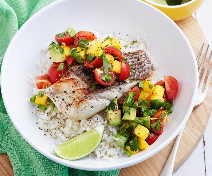 **Grilled fish with mango salsa and coconut rice**
<br><br>
Looking for fresh, flavoursome dinner ideas? Then don't go past this tender, succulent grilled fish with a fresh fruity mango salsa and creamy coconut rice!
<br><br>
See the full *Australian Women's Weekly* recipe [here](https://www.womensweeklyfood.com.au/recipes/grilled-fish-with-mango-salsa-and-coconut-rice-29334|target="_blank").