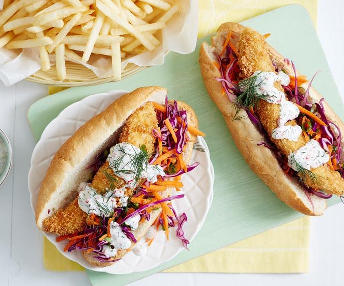**Crumbed fish burgers with cabbage slaw and chilli mayo**
<br><br>
Impress your family with these delicious homemade fish burgers, complete with a crunchy panko coating and rich and creamy cabbage slaw and mayonnaise sauce.
<br><br>
See the full *Australian Women's Weekly* recipe [here](https://www.womensweeklyfood.com.au/recipes/crumbed-fish-burgers-with-cabbage-slaw-1923|target="_blank").