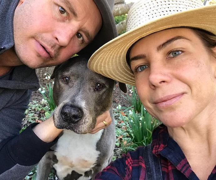 The couple with the family dog. *(Image: @kateritchieofficial/Instagram)*