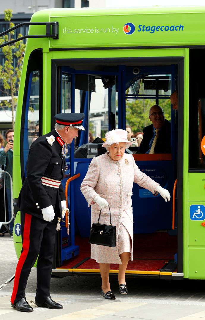 The 92-year-old breezily steps off a public bus, unassisted. *(Image: Getty)*